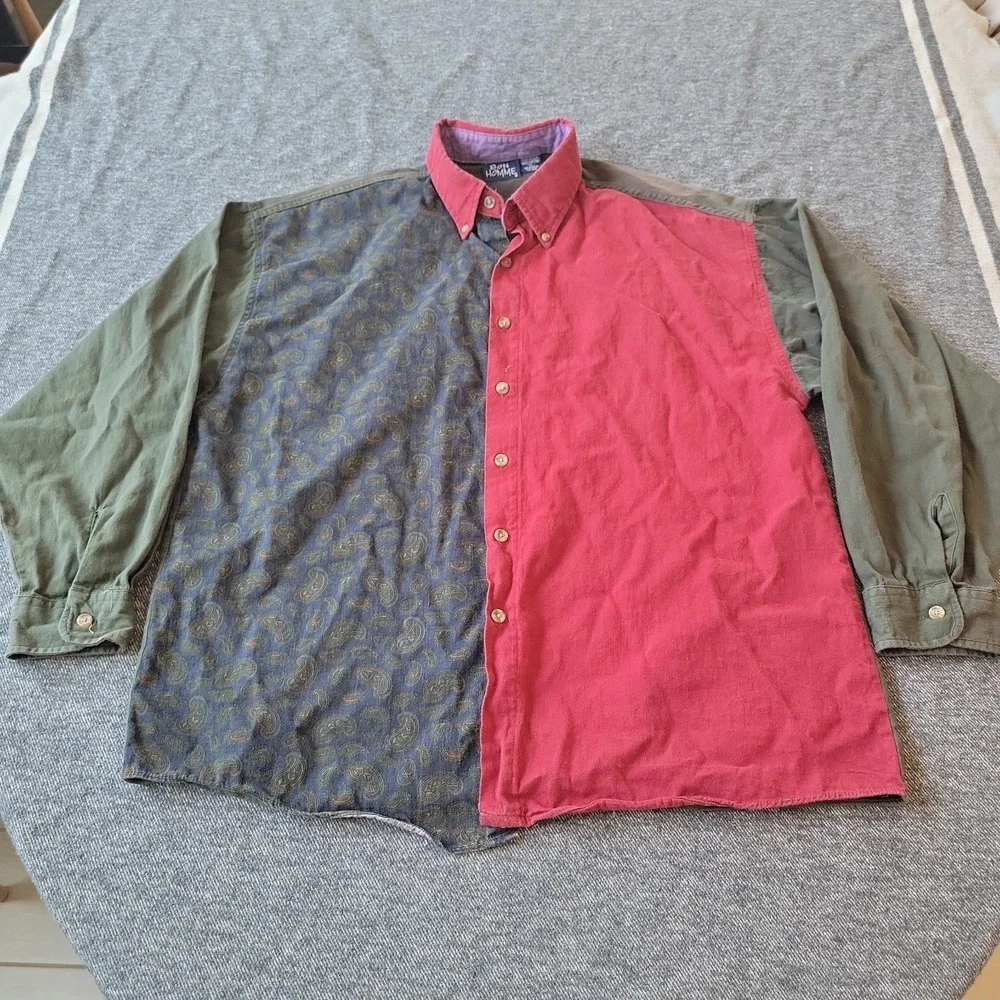 VTG Bon Homme Shirt Men's XL Paisley Colorblock Button Down Cotton Made‎ in USA